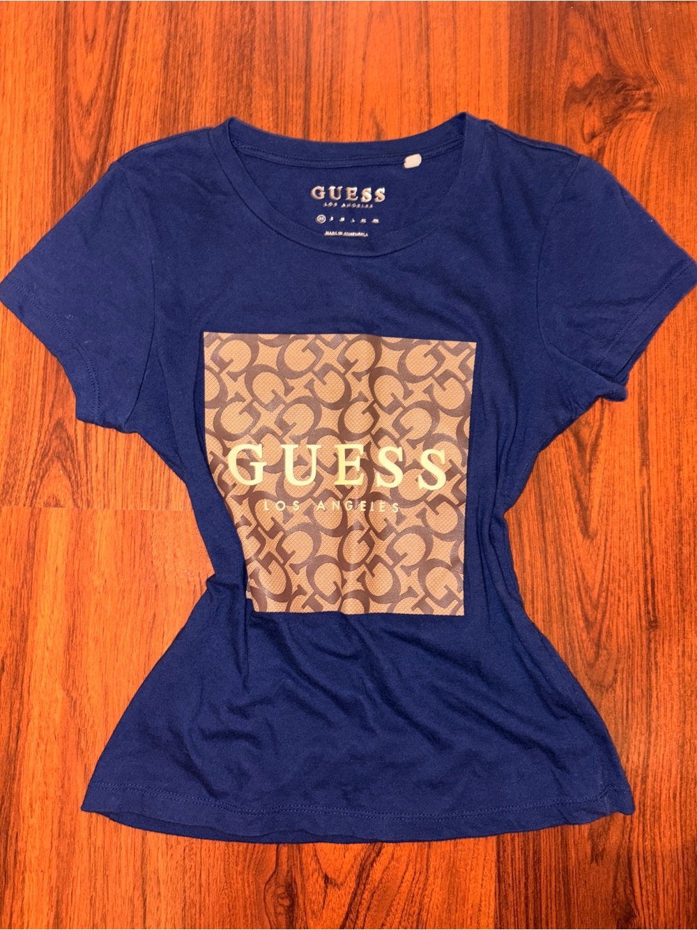 GUESS Navy Short-Sleeve Logo Tee with Patterned Chest Panel